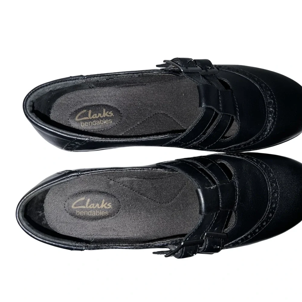 Clarks Bendables Black Leather Double Buckle Mary Jane Brogue Shoes Womens 9.5M